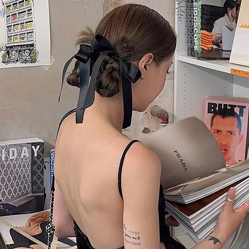 Nuevo accesorio para el cabello: Lazo largo negro estilo bailarina con lazo de cinta trenzada, estilo francés de puro deseo, para el cabello.