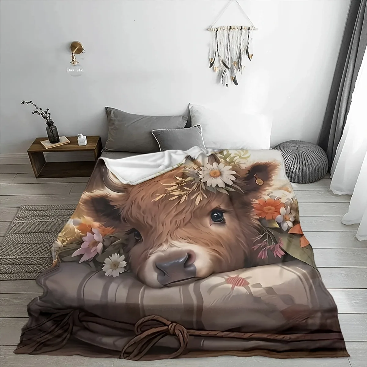 Floral Highland Cow Digital Print Flannel Blanket Cozy Warm Throw Blanket for Sofa Bed Home Decor Source Manufacturer Wholesale