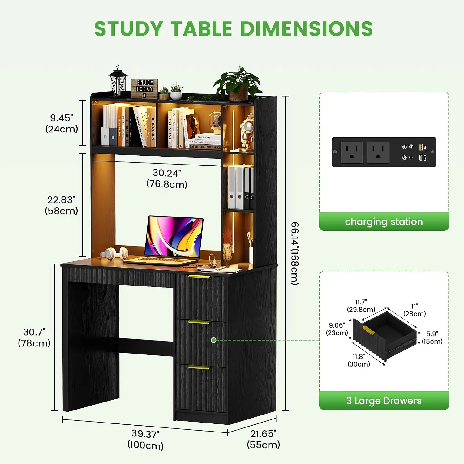 66 Inch Desk With Hutch Drawers & Power Strip For Bedroom Black, Customized