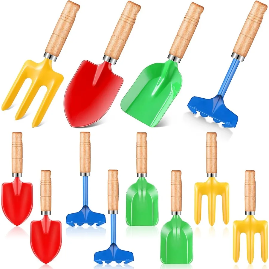 Gardening Tools Metal Garden Beach Sandbox Digging Toys Including Shovel Rake Fork and Trowel Garden Beach Sand Tools with Wood