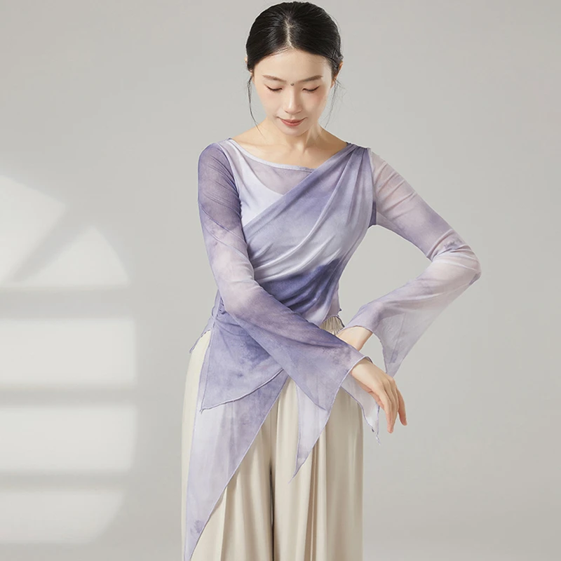 Women Classical Dance Mesh Top Long Slit Flared Sleeve Shirt Prints Saree Blouse Slim Chinese Hanfu Performance Training Clothes