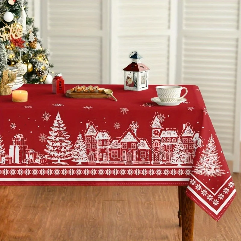 Festive red igloo with pine Christmas tablecloth, rectangular festive table decoration, suitable for parties and picnics