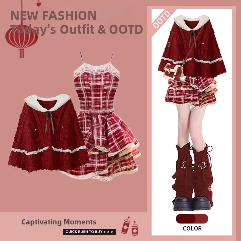 

Зимний комплект: женский новогодний красный вязаный свитер и клетчатый сарафан на бретелях, модный комплект из двух предметов с длинными рукавами