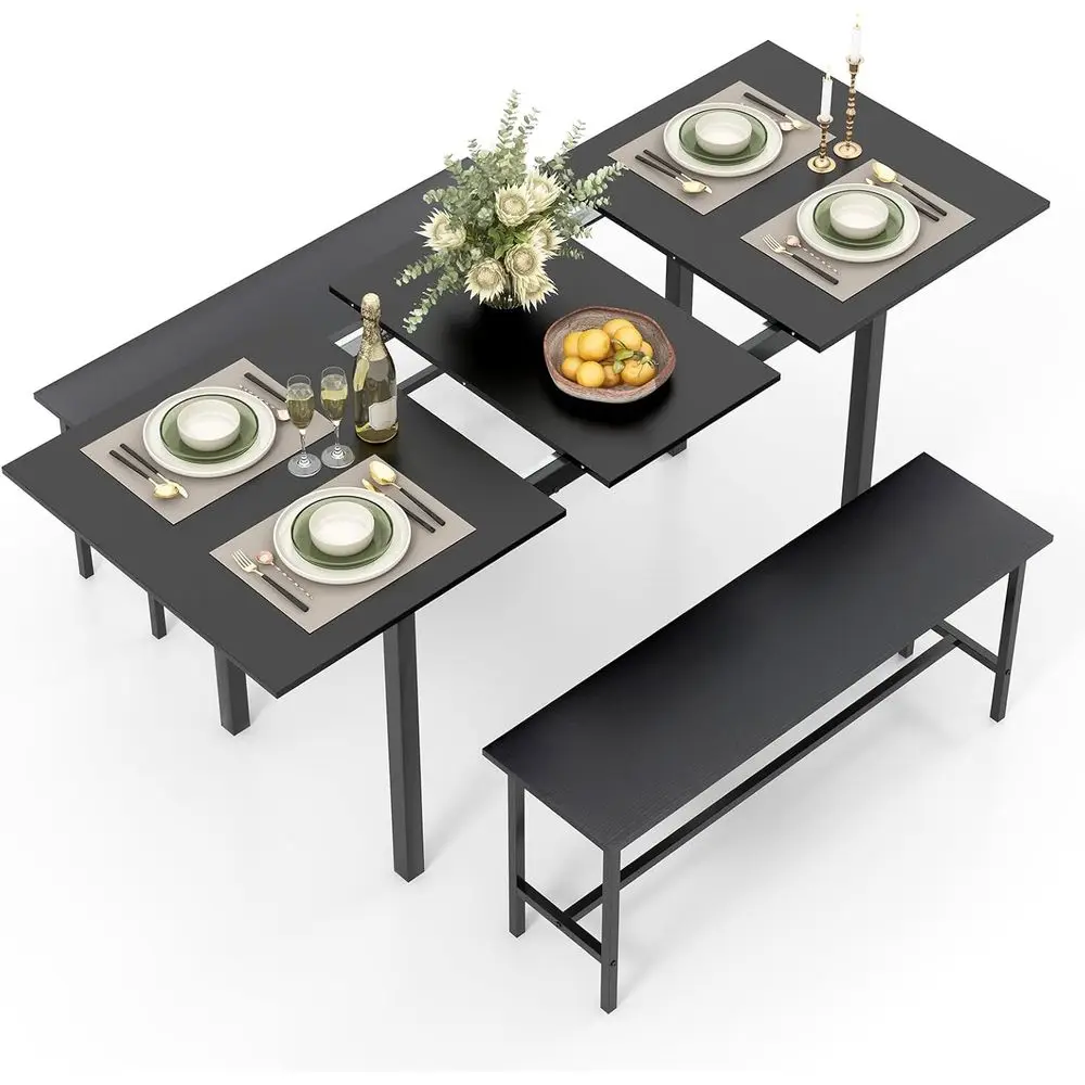 Space-Saving 63 Extendable Dining Table Set with 2 Benches for Small Spaces, Easy Clean Black Finish