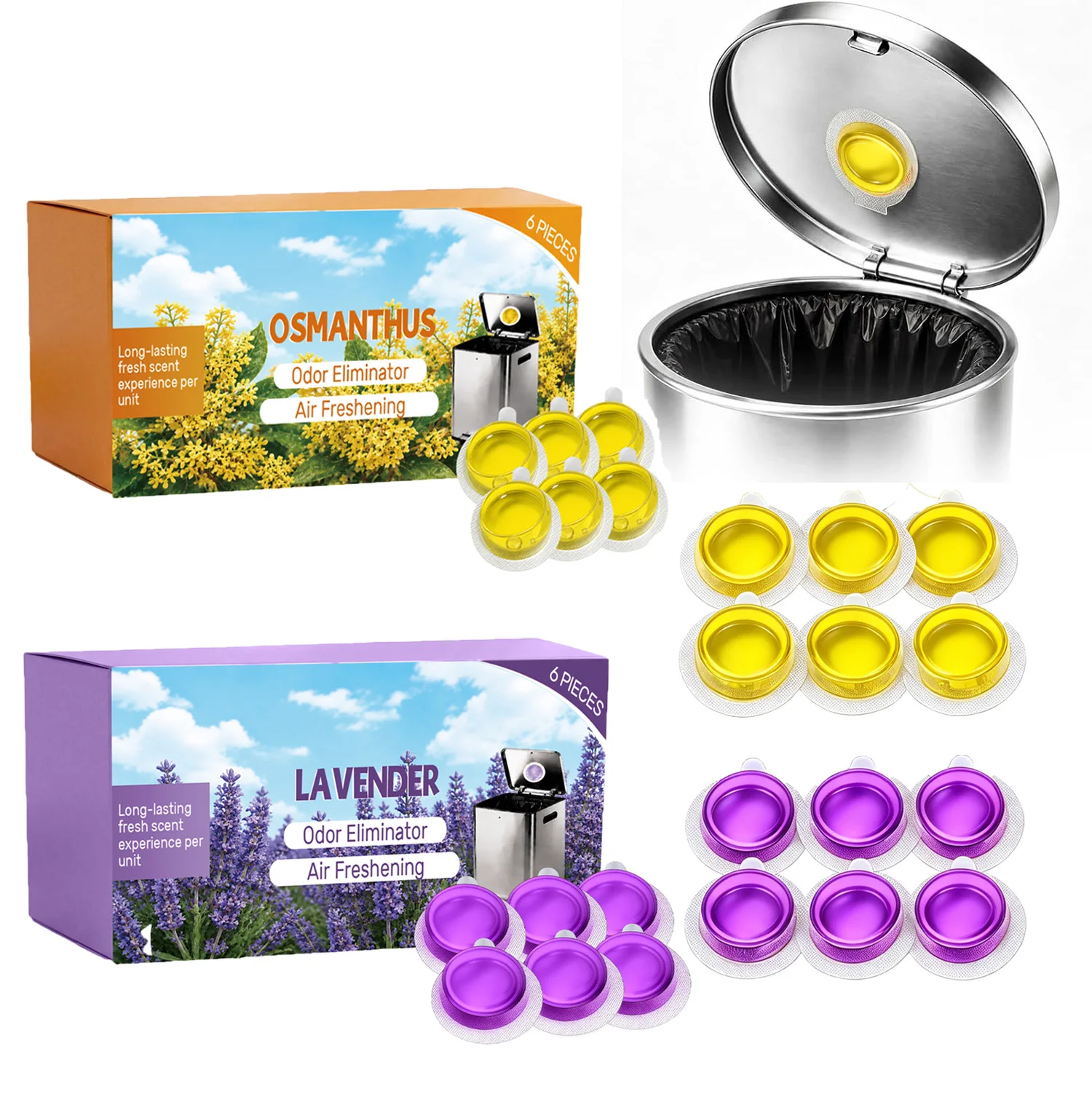 6PCSTrash Can Deodorizer Stick-On Air Freshener for Kitchen, Bathroom Diaper Pails & Closets Fresh Scents (Osmanthus & Lavender)
