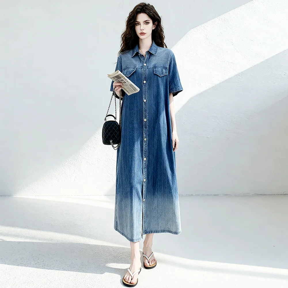 New Women Beautiful Denim Dress Summer Fashion Turn-down Collar Single Breasted Gradient Loose Dress Casual Straight Long Dress