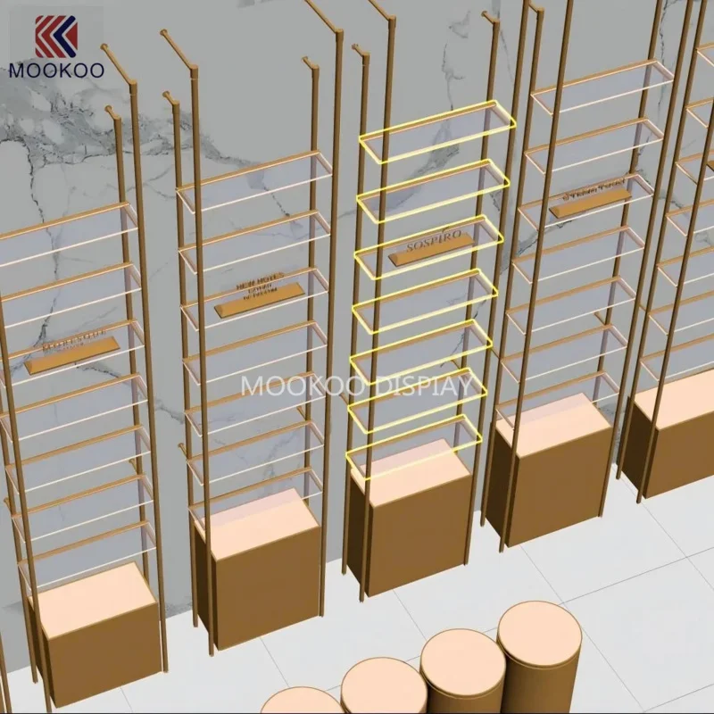 custom.ChicGold Modern Customized Freestanding Glass & Wood Display Rack System Perfume with Luxury Presentation