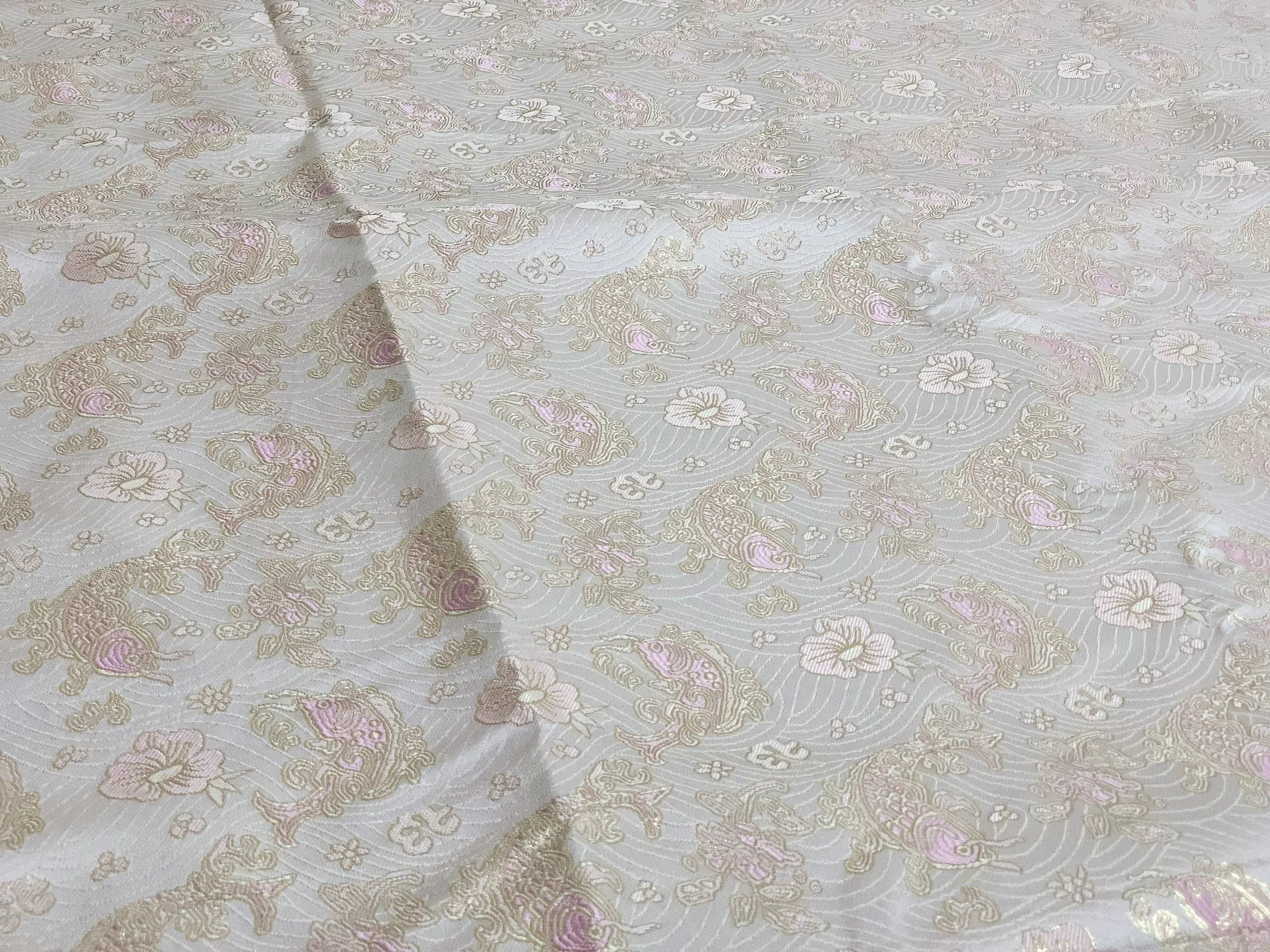 Embossed Jacquard Fabric Bronzing PInk Florl Fish Design Sewing Material Dress Wedding Garment Wide 145cm Sold By Half Meter