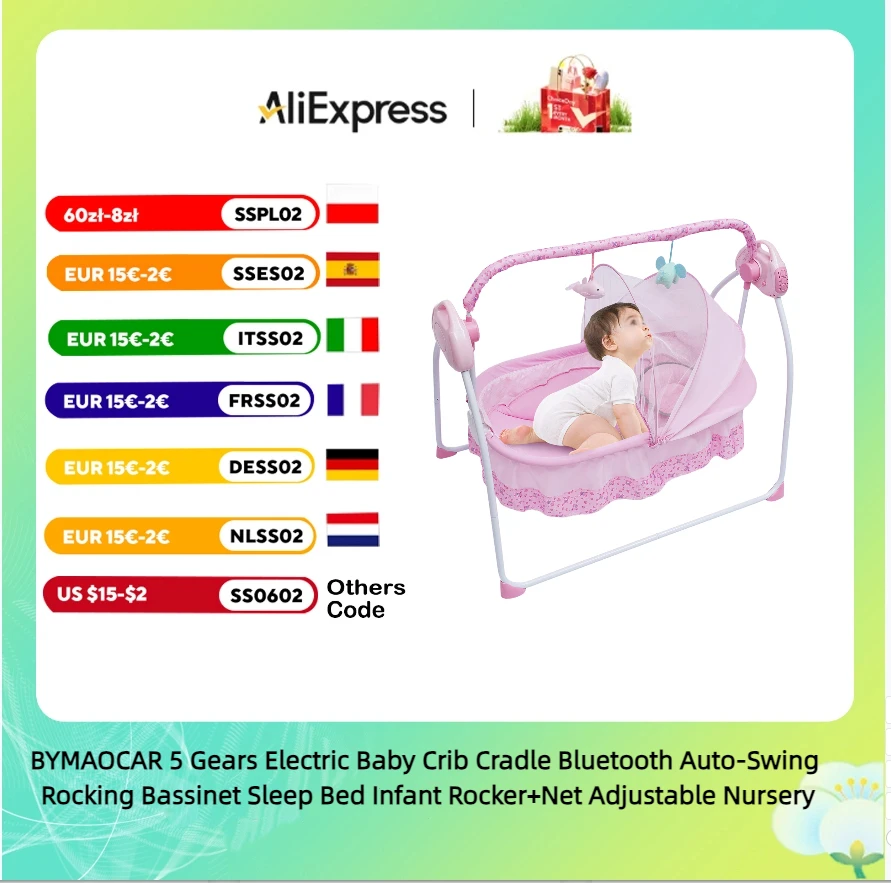 BYMAOCAR 5 Gears Electric Baby Crib Cradle Bluetooth Auto-Swing Rocking Bassinet Sleep Bed Infant Rocker+Net Adjustable Nursery
