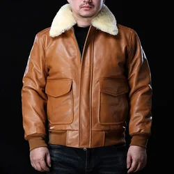 Winter high quality detachable fleece collar pilot dermis Genuine leather coat cowhide jackets