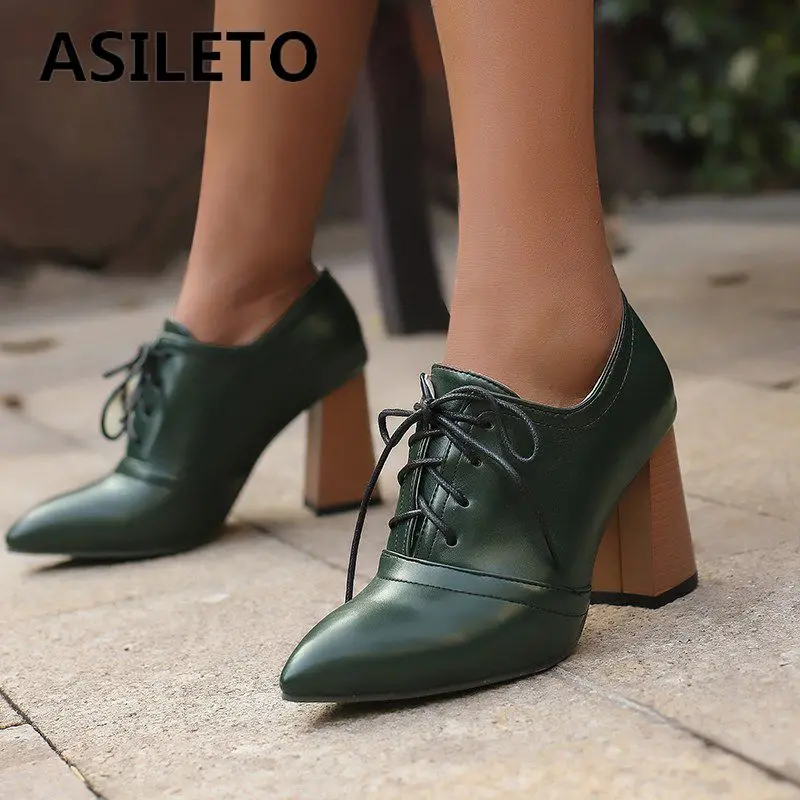 ASILETO Sexy Office Lady Pumps Pointed Toe Block High Heels 8cm Lace Up Large Size 48 49 50 Vintage Daily Women Shoes Spring