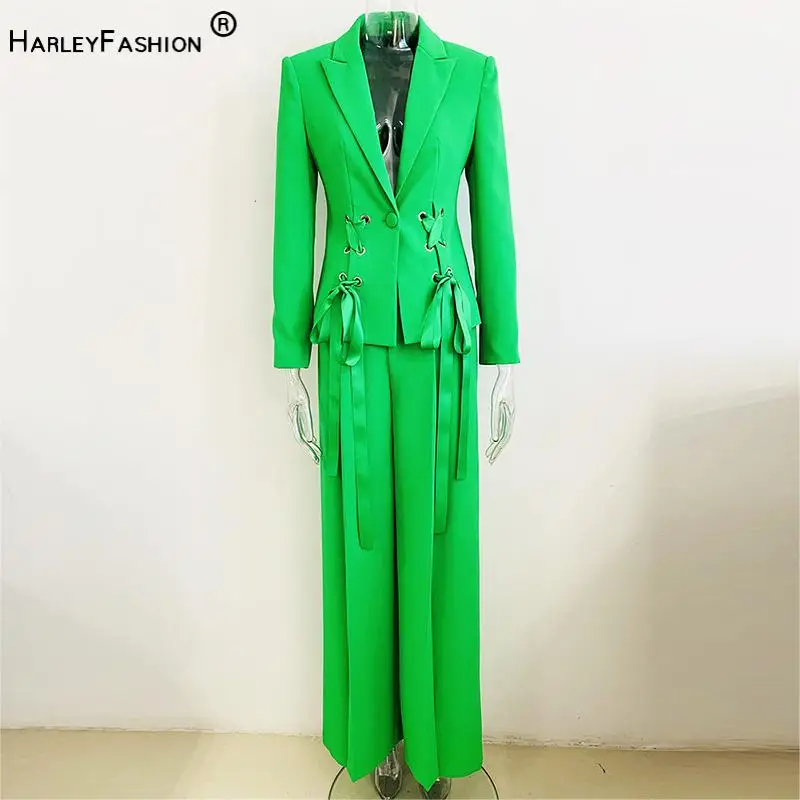 

European Style Spring Lady Formal Workwear 2Pcs Single Button Lace-up Deep-V Blazer Wide Legs Pants Solid Suit