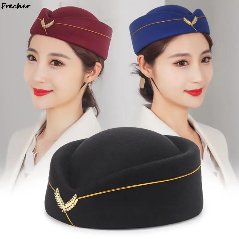 Air Hostesses Beret Hats Women Warm Wool Uniform Hat Sweet Fedoras Cap Role Play Stewardess Formal Caps Performance Party Prop