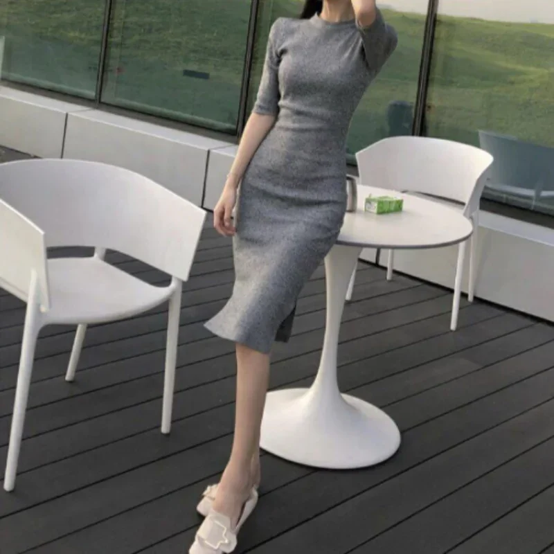 Knit Midi Crochet Grey Clothing Cover Up Knee Length Female Dress Women's Dresses Black On Offer With Stylish Spring Deals