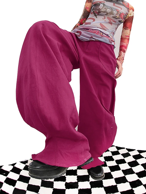 Vintage Loose Women's Jeans Oink Oink Fashionable Banana Pants Dragon Fruit Color Casual Wide Leg Trousers for Ladies