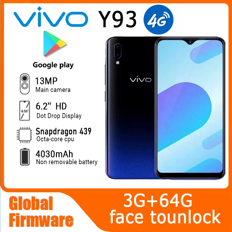 VIVO Y93 мобильный телефон с 5,5-дюймовым дисплеем, ОЗУ 3 ГБ, ПЗУ 64 ГБ, 4G