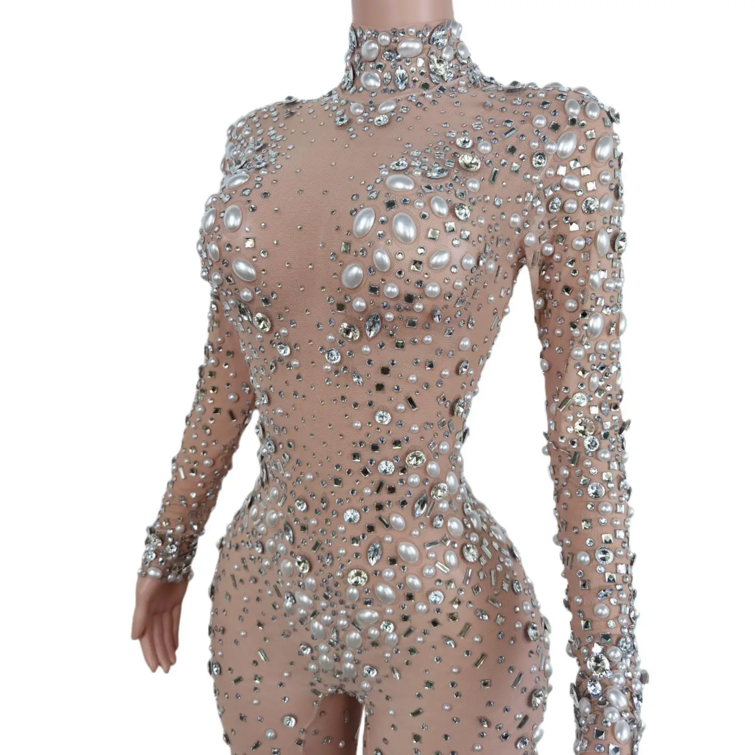 Evening Birthday Celebrate Sexy Rompers Prom Party Singer Costume Show Wear Big Pearl Bling Silver Stones Mesh Jumpsuit Tiaoliao