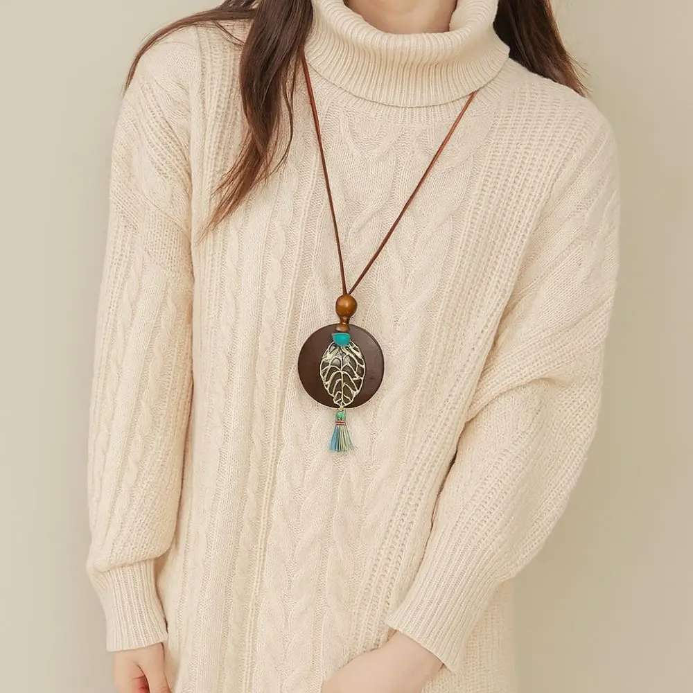 Female Jewelry Wooden Sweater Chain Retro Round Sweater Clothing Pendant