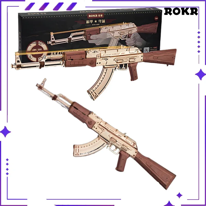 

Robotime Rokr wooden 3D puzzle AK-47 rifle model kit with rubber band, building block DIY handmade toy, children's toy gift