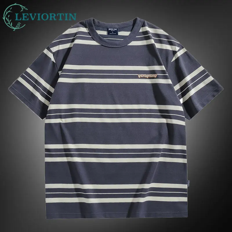 

Мужская полосатая футболка с короткими рукавами в японском стиле, летняя футболка с круглым вырезом, уличная одежда, повседневные свободные полосатые топы, футболка