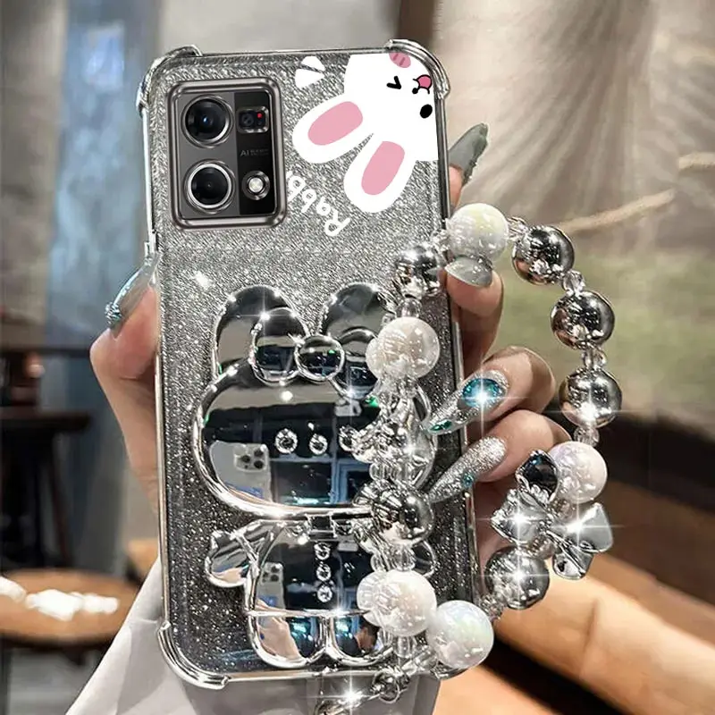 Airbag Glitter Mirror Rabbit Phone Holder Case On For Oppo Reno 4 4z 4F 5 5F 7 8 8T Lite 4G 5G Anti-knock Stand Back Cover