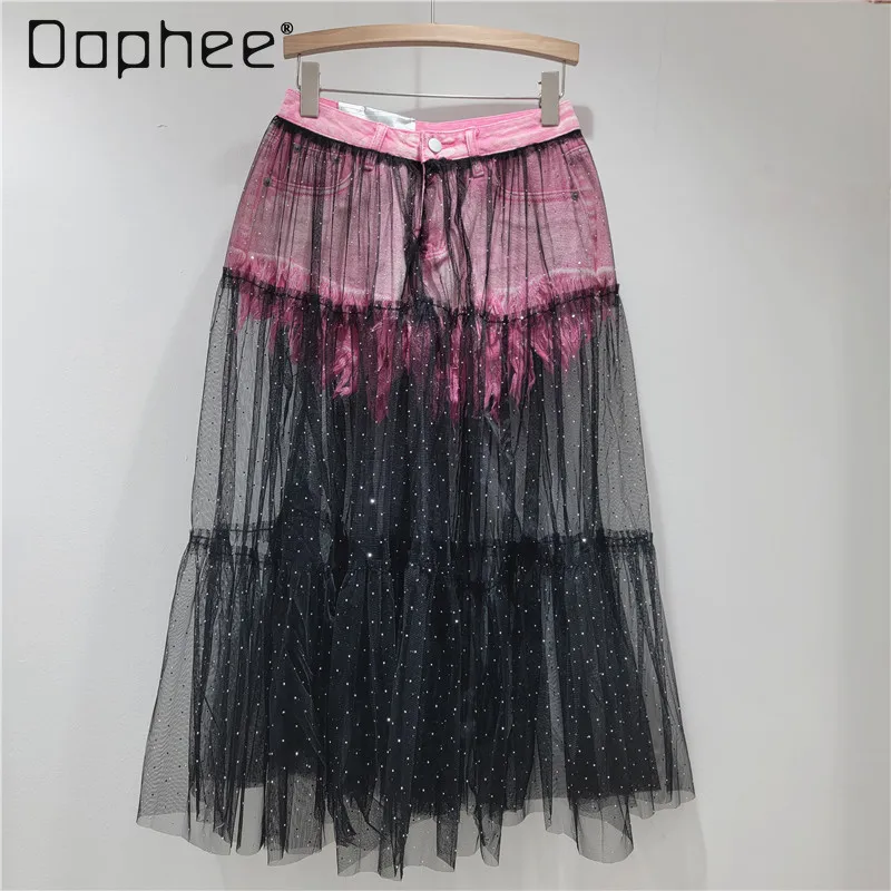 

Trendy Personality Fake Two-Piece Frayed Denim Short Skirt Patchwork Full Rhinestone Mesh Mid-Length Cake Skirt Women Autumn New