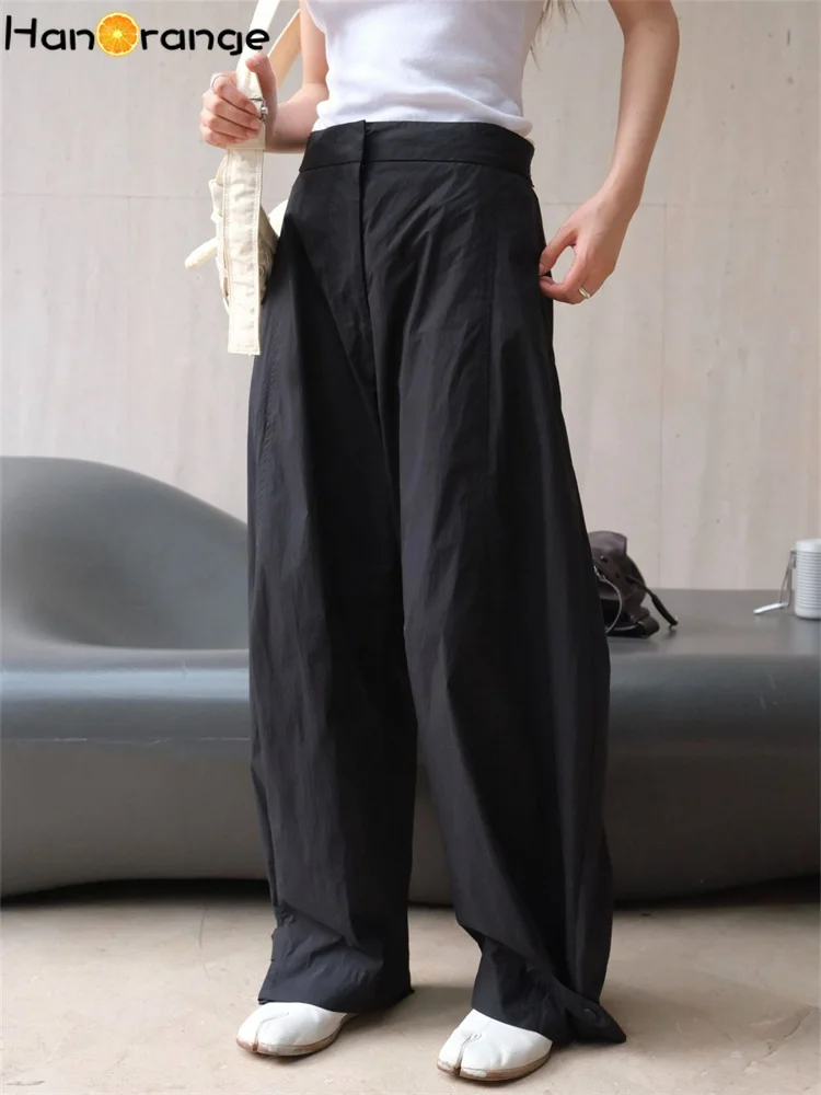 HanOrange 2024 Summer Simple Adjustable Waist Casual Pants Women Loose Wide Legs Trousers Black/Light Purple