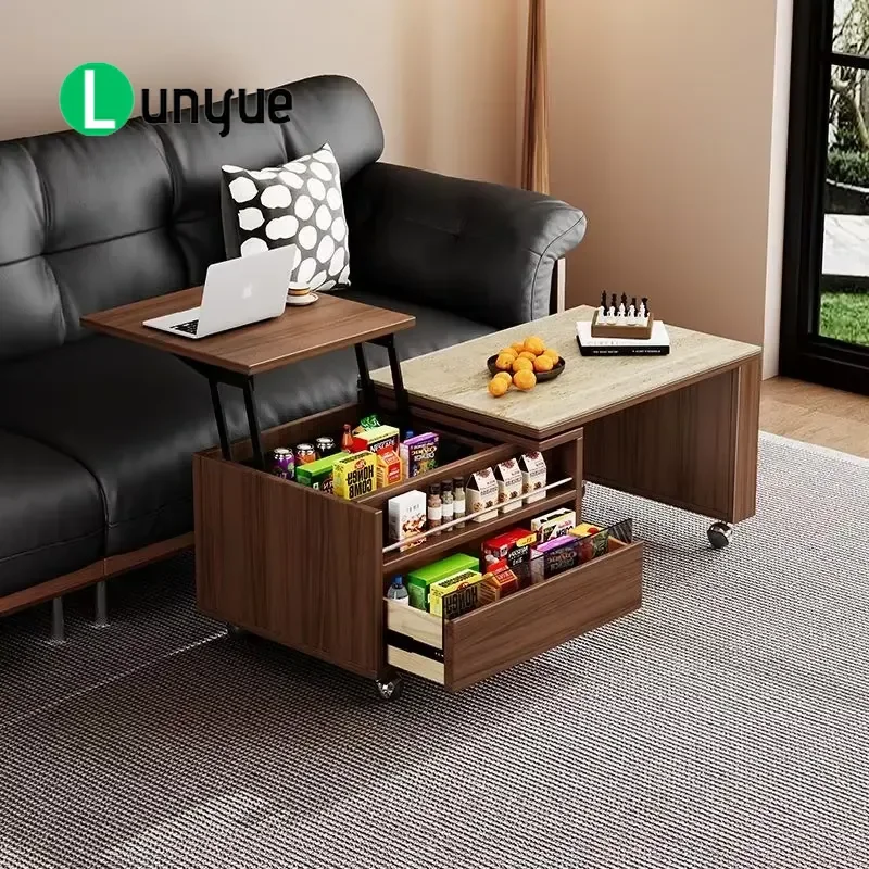 Retractable Coffee Table with Rollers Wooden Sofa Side Table Multi Drawer Storage Living Room Furniture Space Saving Design