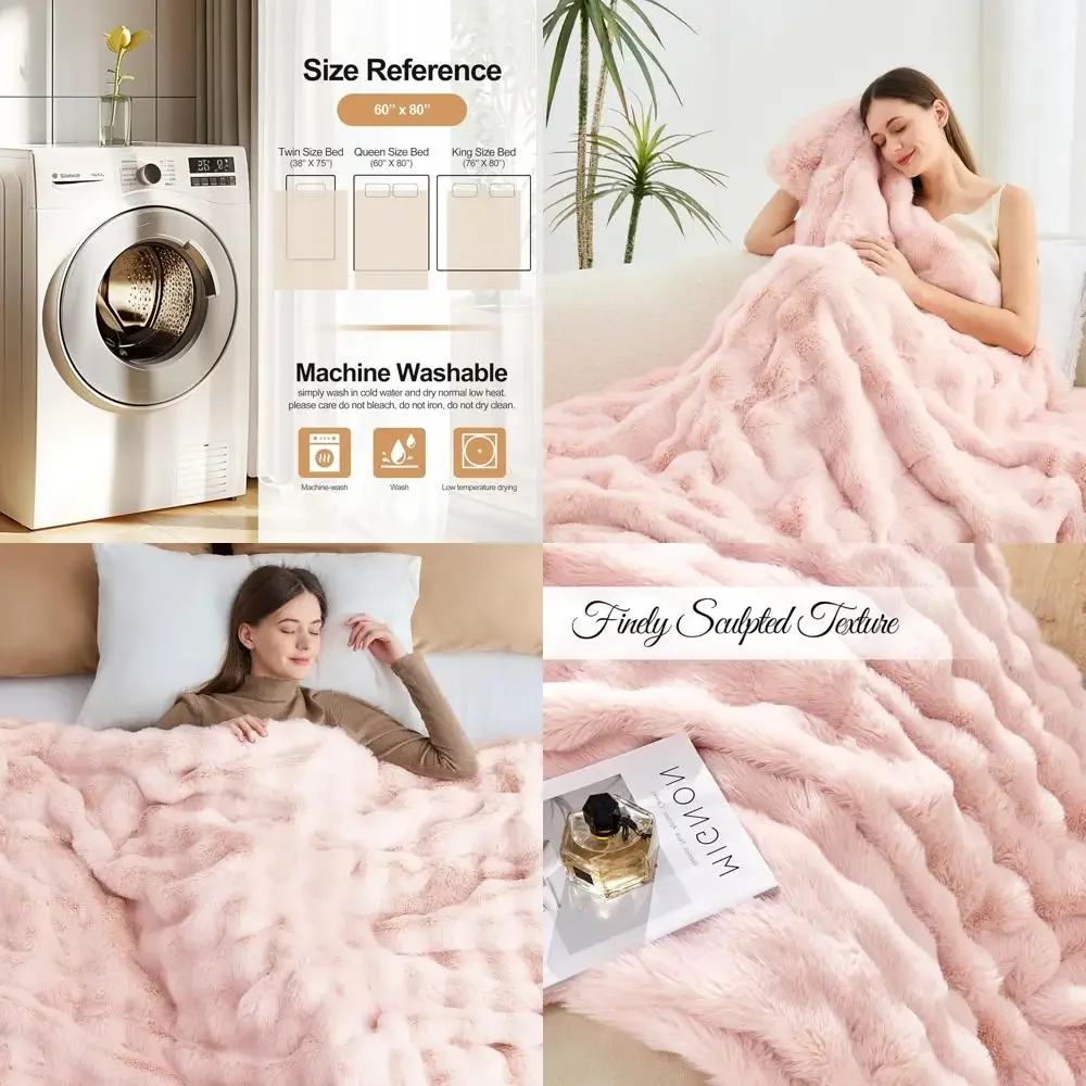 

Pink Plush Rabbit Fur-Like Throw Blanket, 60x80 Inches, Soft & Warm for Bed or Sofa