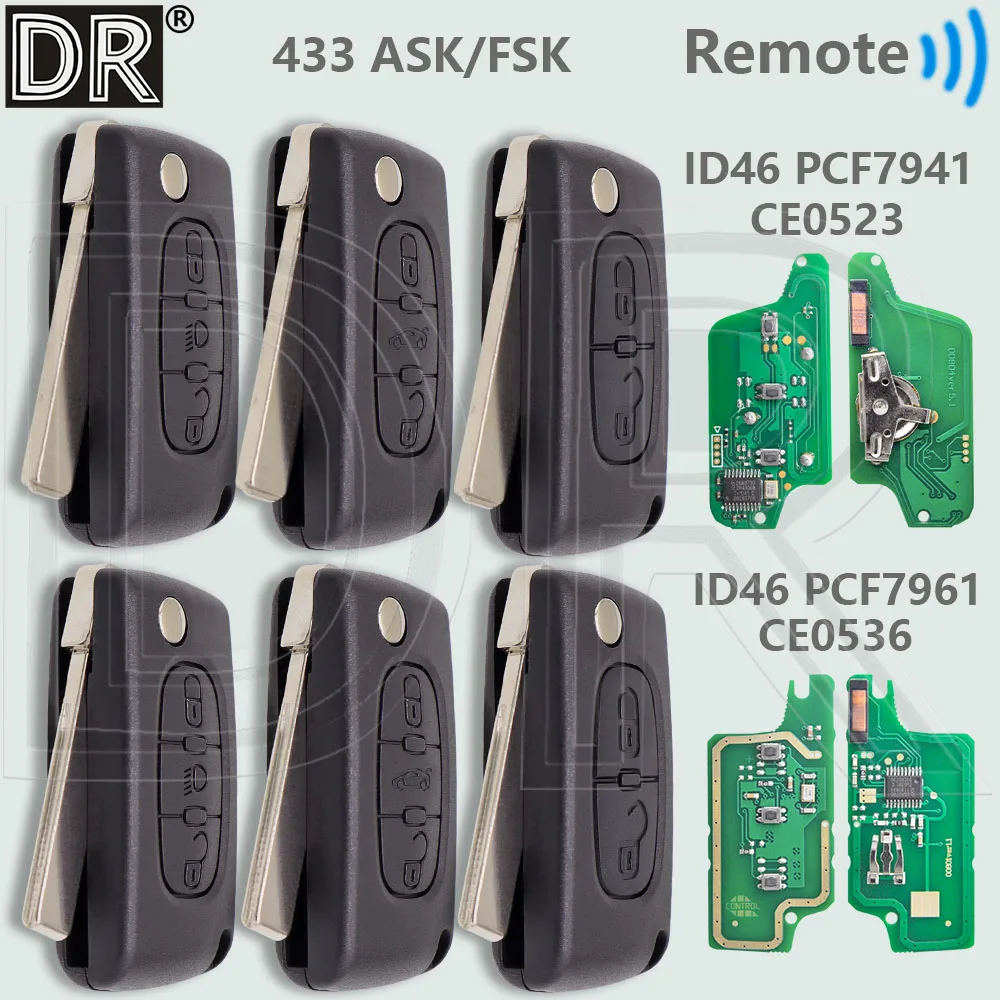 DR CE0523 ID46 PCF7941 CE0536 PCF7961 433ASK/FSK Flip Car Remote Key For Peugeot 207 307 308 408 Citroen C1 C2 C3 C4 C5 Picass