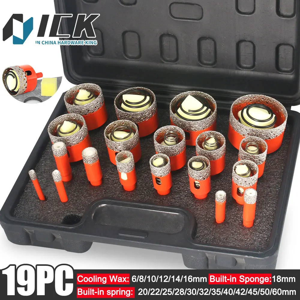 19PC Diamond Hole Saw Kit with Auto Eject Spring Cooling Wax for Tile Granite Marble Wet Dry Drilling Hex Shank 6-60mm Drill bit