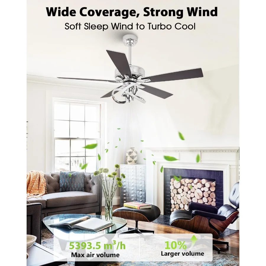 52 Inch Ceiling Fans with Lights for Indoor Outdoor Use Creative Modern Silver Design with Remote Control 3 Color Temperature S
