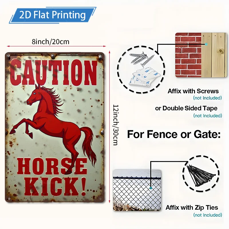 [2D FLAT] علامة معدنية مكونة من قطعة واحدة، علامة تحذير ركلة الحصان الريفي مقاس 8 × 12 بوصة لديكور المزرعة