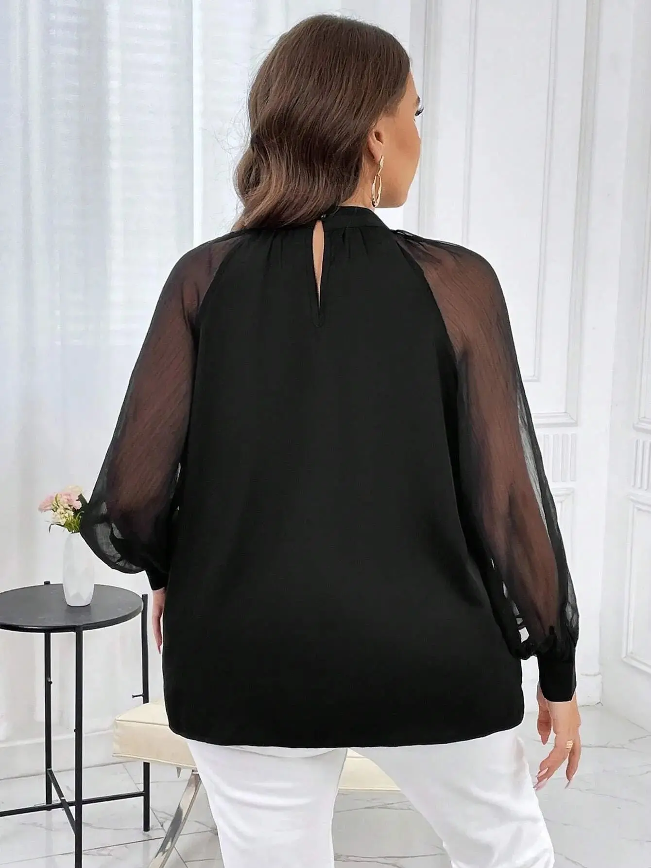 Plus Size 1XL-5XL Women\'s Elegant Solid Semi Sheer Mesh Raglan Sleeve Mock Neck Temperament Commuting Lantern Sleeved Blouse