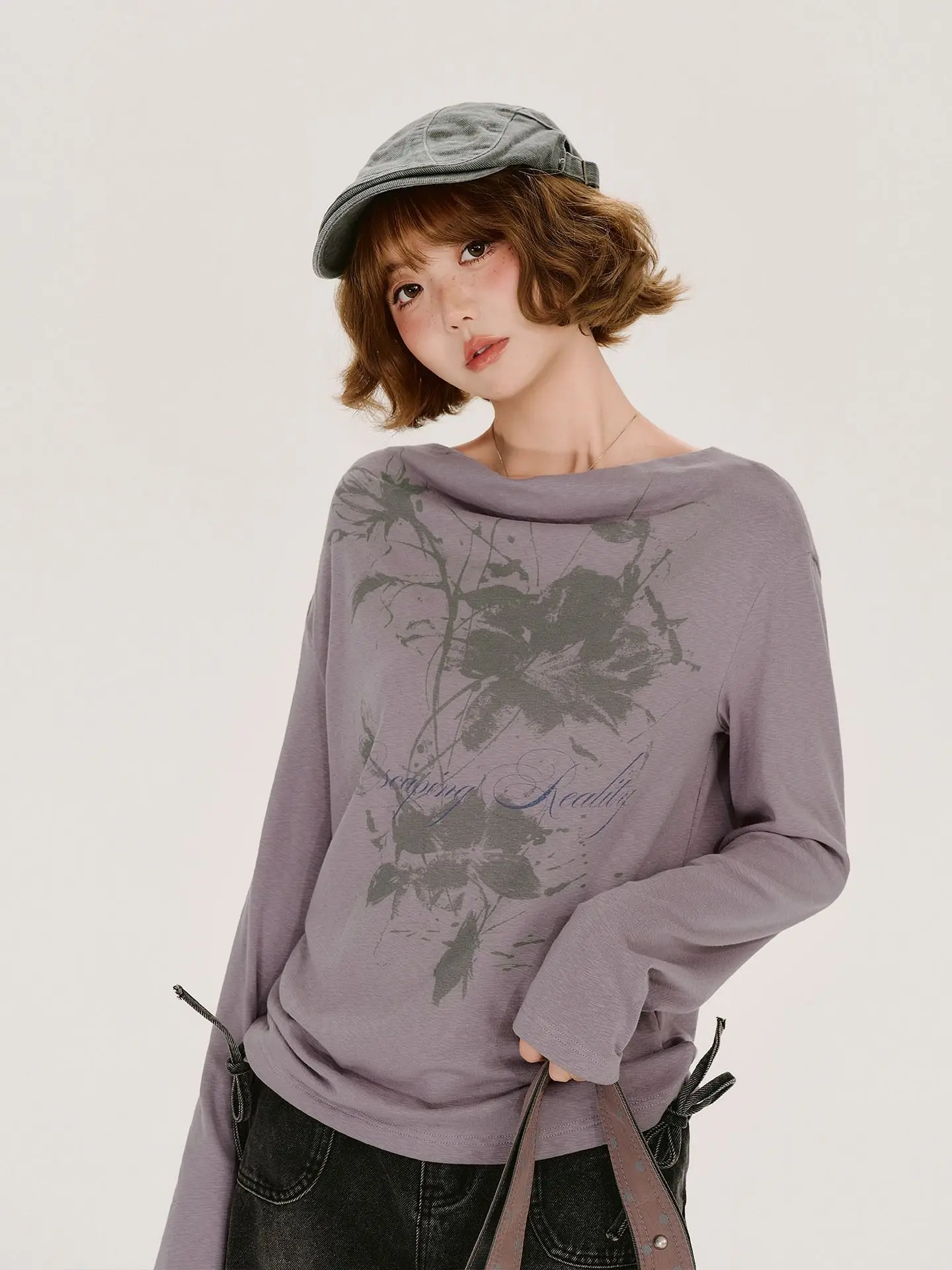 Kimutomo Vintage American Style Cowl Neck Printed Long Sleeve Tee Autumn Casual Unique Design Loose Fit Top Women