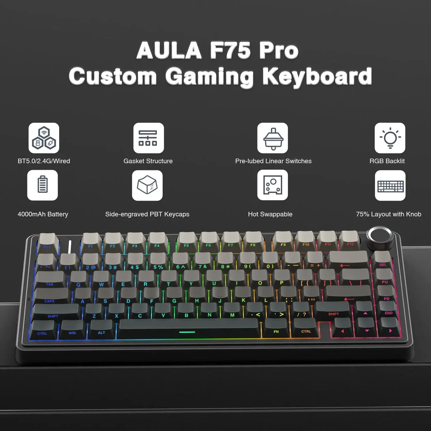 

AULA F75Pro Wireless Gaming Mechanical Keyboard 75% Customized RGB Layout Gasket Mounted Side-engraving PBT Keycaps