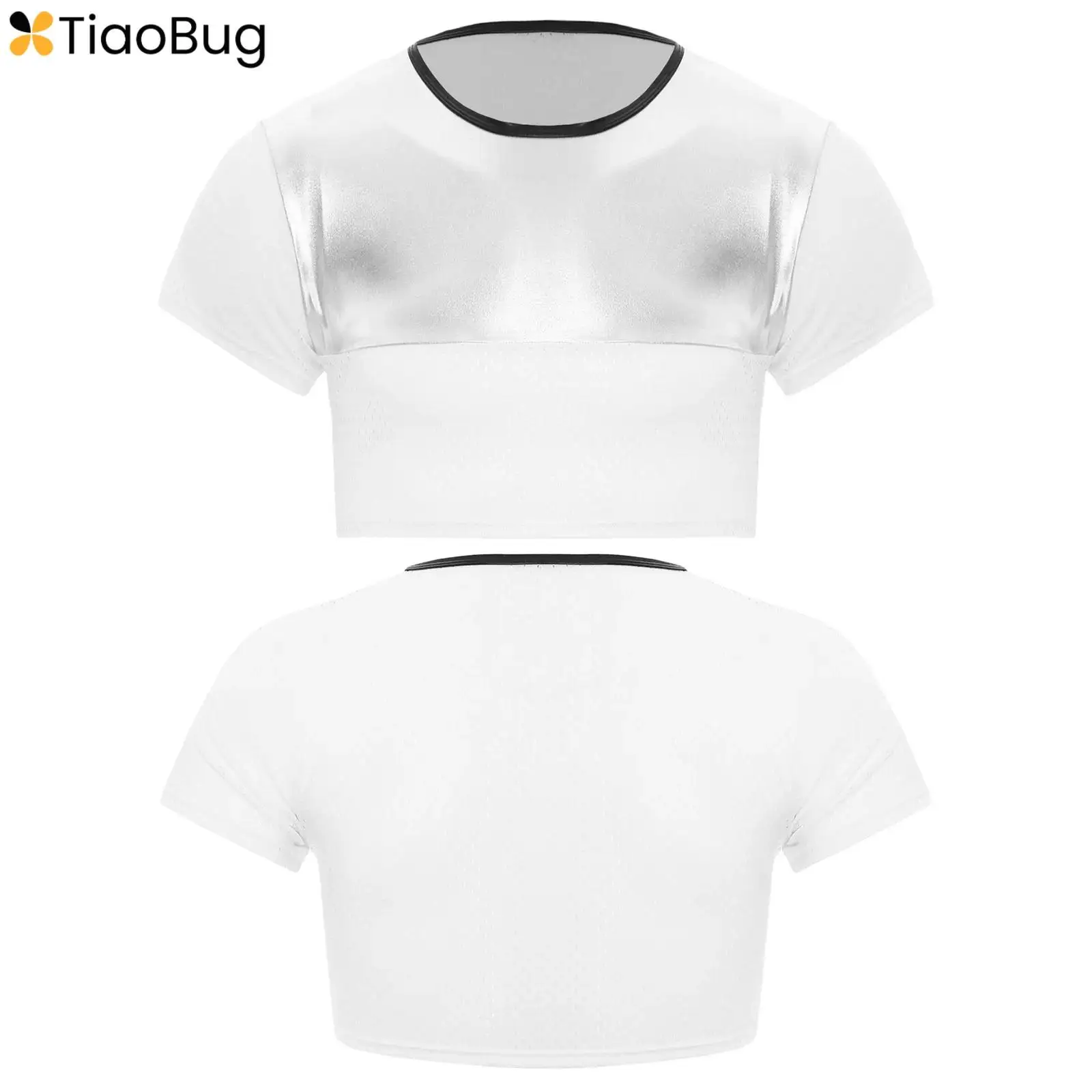 

Men Hot Stamping T-shirt Short Sleeve Hollow Out Breathable Crop Top Shiny Metallic Pole Dance Crop Top Gym Workout Top Clubwear