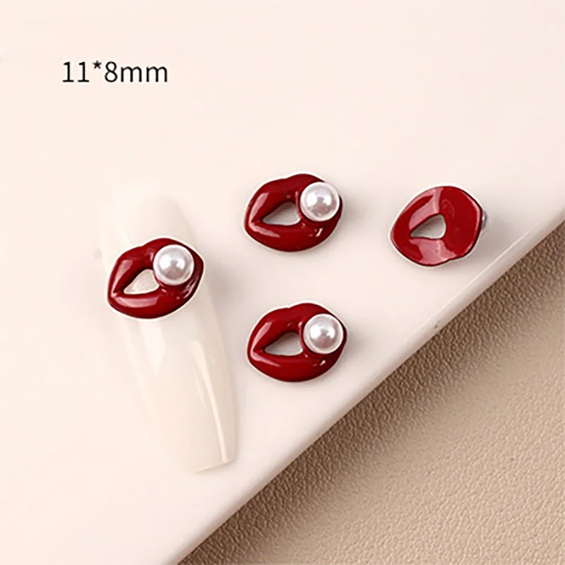 10 pezzi a forma di labbro eleganti ciondoli per unghie rosa rosso rossetto nail art strass forniture accessori per manicure in lega di diamanti di lusso 3D