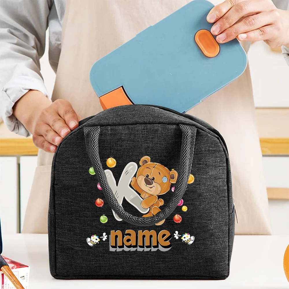 Personalized Customization Name Black Insulated Lunch Bag School Lunch Box Bag Practical Handle Bag