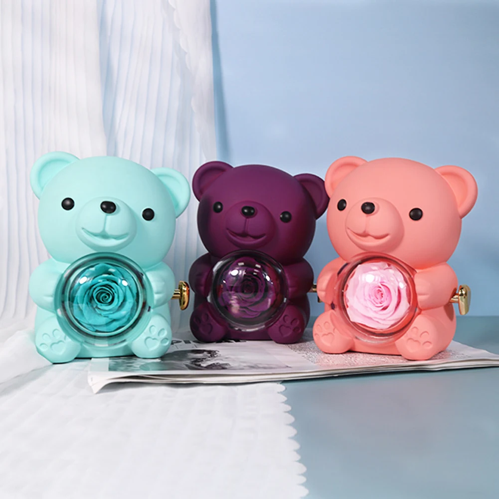 

Preserved Rose Gift Box Elegant Bear Hug Eternal Rose Gifts with Gift Bag Rotating Bear Rose Jewelry Box for Christmas Gift