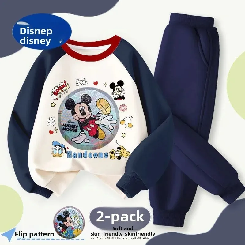 طقم هودي لامع للأولاد مكون من قطعتين من ديزني - طباعة ميكي متغيرة الألوان 2025 زي كرتوني جديد للخريف للأطفال الكبار