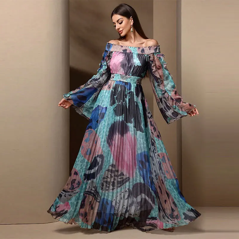 Cross-Border Ethnic Retro Pleated One-oulder Dr Long Skirt A-Line Gown High Waist Regular Sve Hand-Painted Design