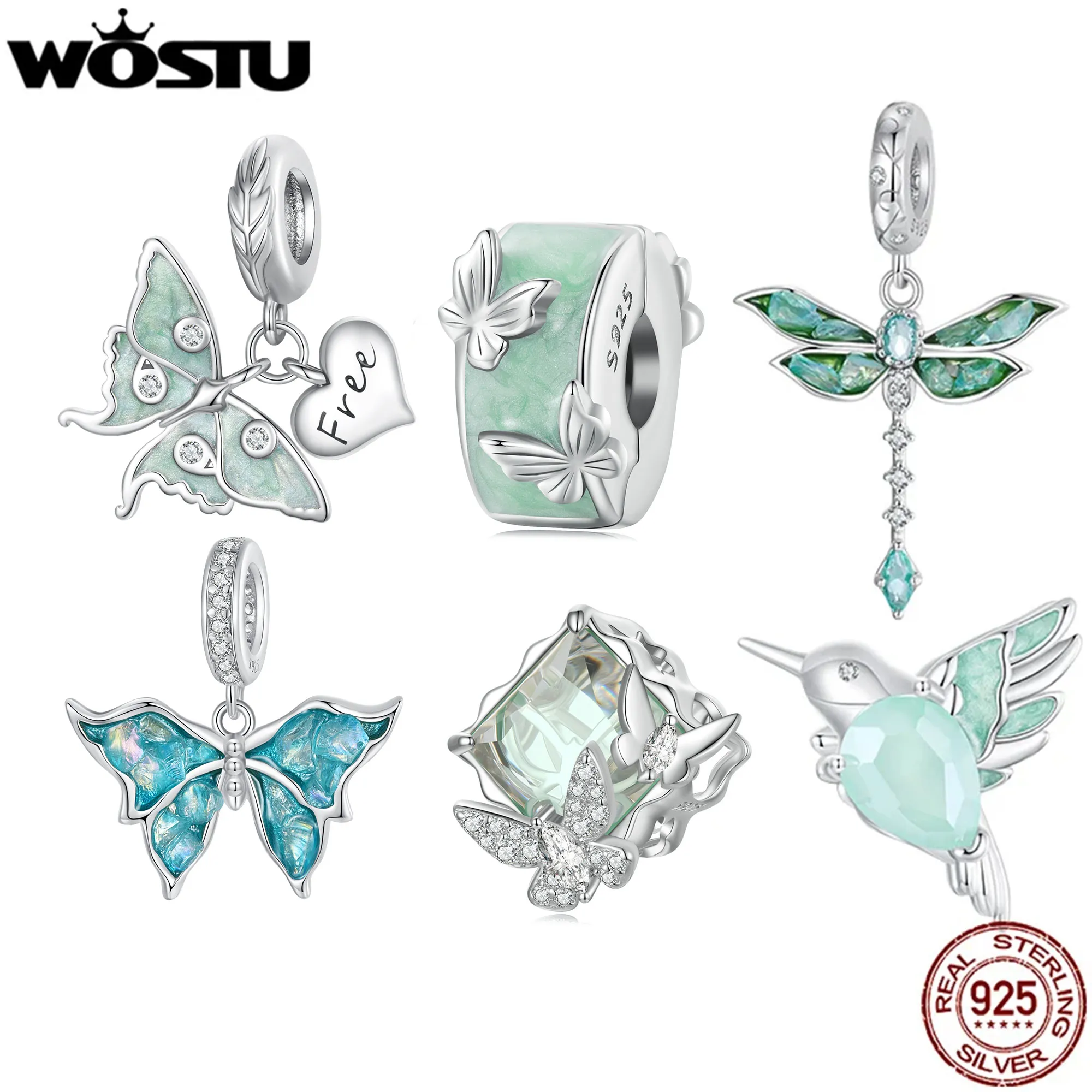 WOSTU 925 Sterling Silver Hummingbird Charm Green Dragonfly Pendant Blue Butterfly Bead fit DIY Bracelet Necklace Spring Jewelry