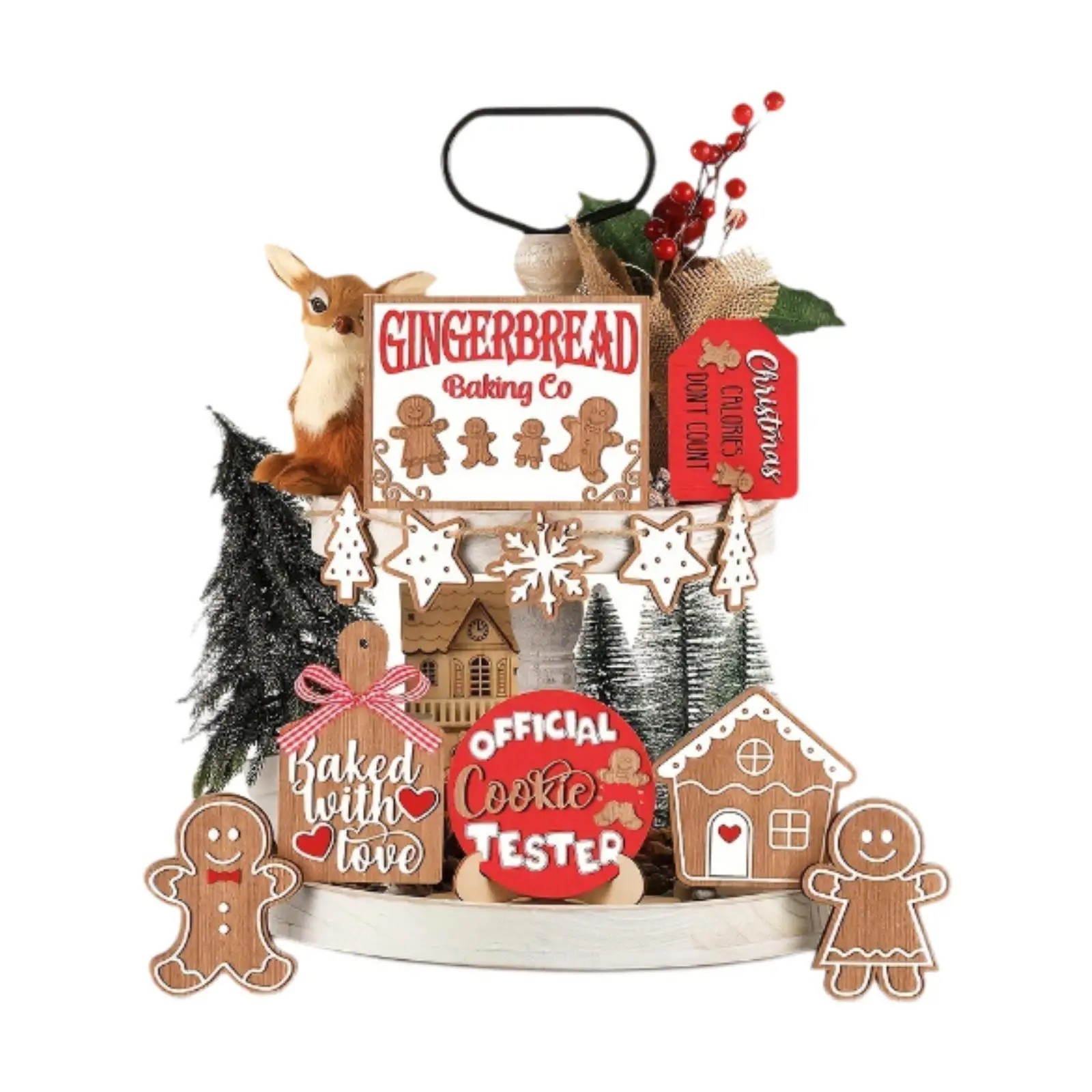 12 Pieces Christmas Tiered Tray Decor Set Rustic Christmas Tiered Tray Gingerman for Indoor Mantle Kitchen Party Desktop