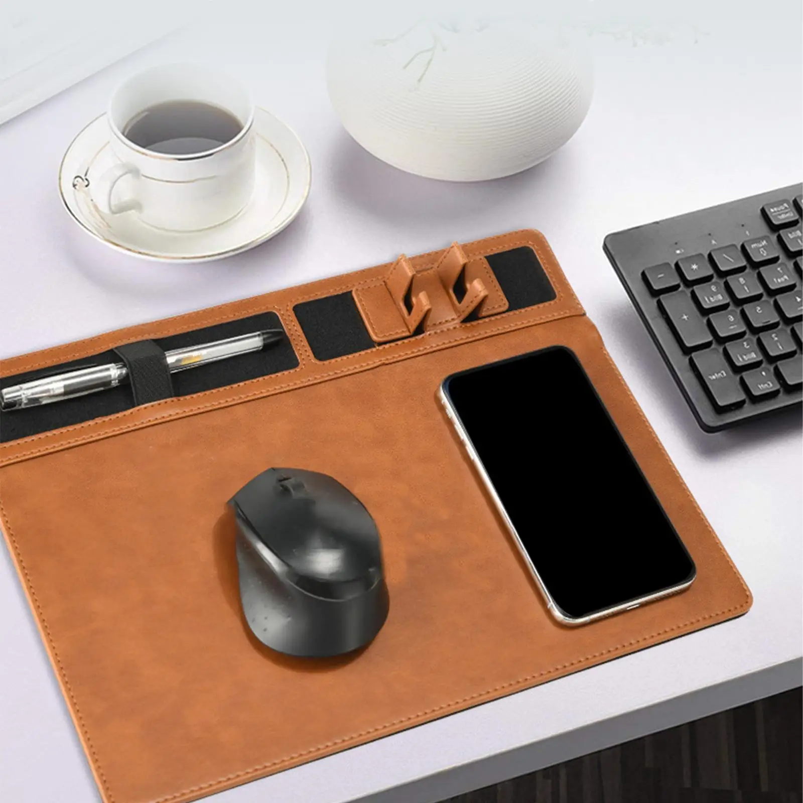 لوحة ماوس مكتبية باللون البني بقدرة 15 وات، شحن لاسلكي غير قابل للانزلاق مع حامل هاتف مع حامل قلم وحصيرة كمبيوتر لألعاب سطح المكتب والمكتب المنزلي