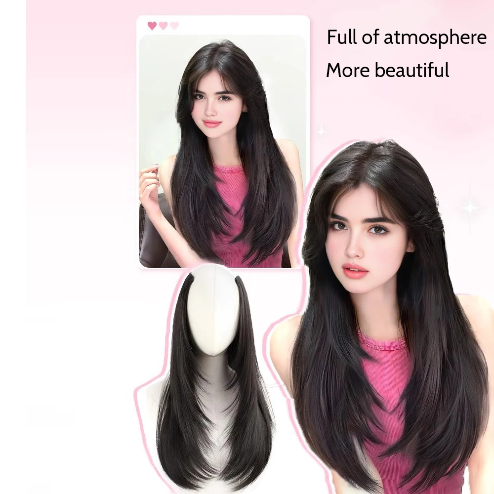 4Clip in Hair Extensions Black Hair Extensions Synthetic Thick Long Stright Layered Hair Extensions for Women Party Wig