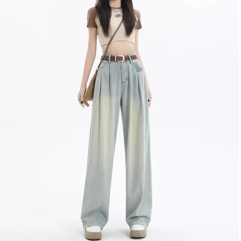 High Waist Wide Leg Denim Jeans Women's Folded Hem Conceal Hip Design Long Pants Cotton Stretch Fabric Autumn Season