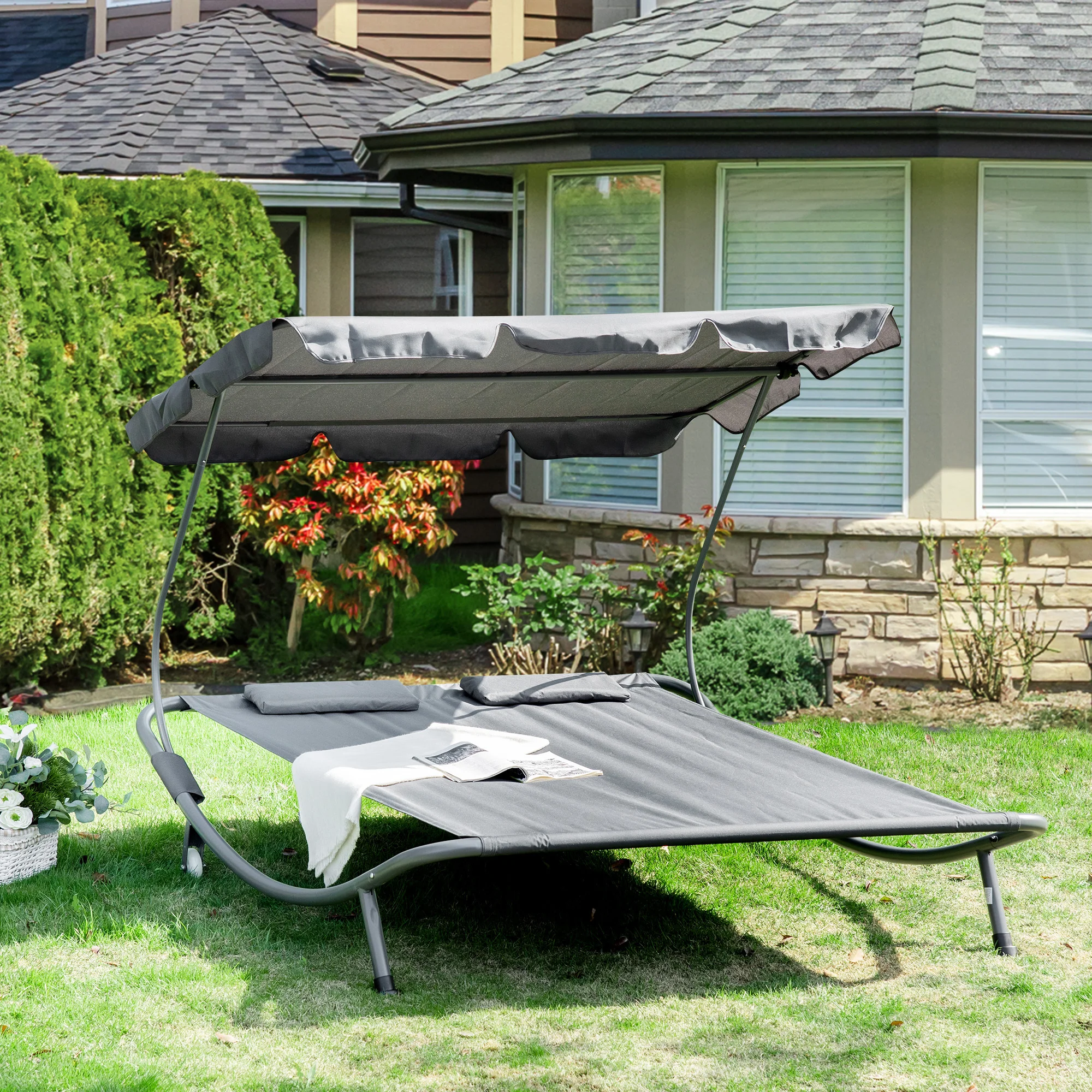 Double sun lounger with headrest and canopy, steel frame, portable patio tanning chair, grey, adjustable lumbar support,