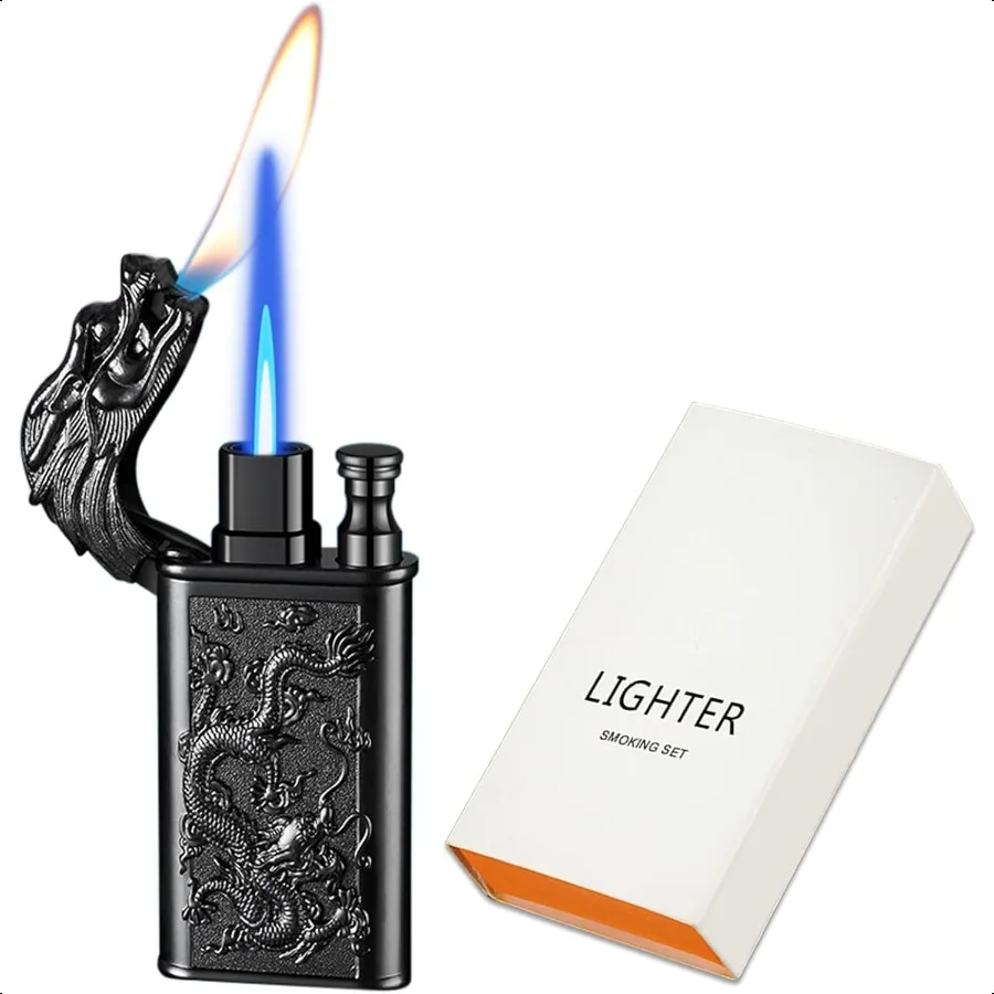 

Зажигалка с факелом Cool Relief Dragon Dual Flame, ветрозащитная, регулируемая, с струйным пламенем и мягким пламенем, многоразовая бутановая зажигалка для подарка Ca