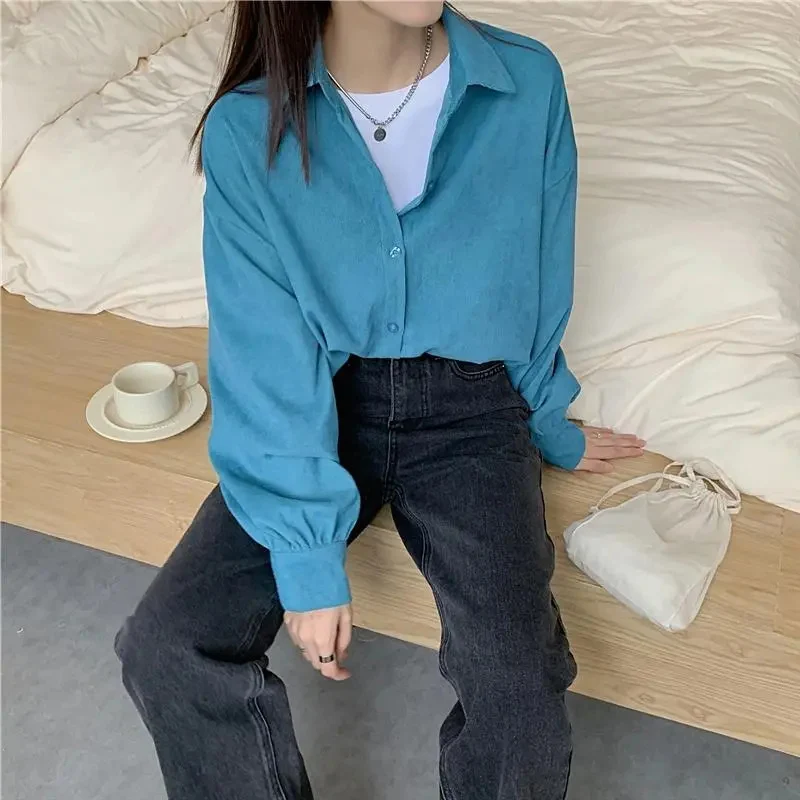 Rimocy Chic Blue Corduroy Shirts Women 2023 Autumn Simple Long Sleeve Loose Blouses Woman Turn Down Collar Solid Color Shirt